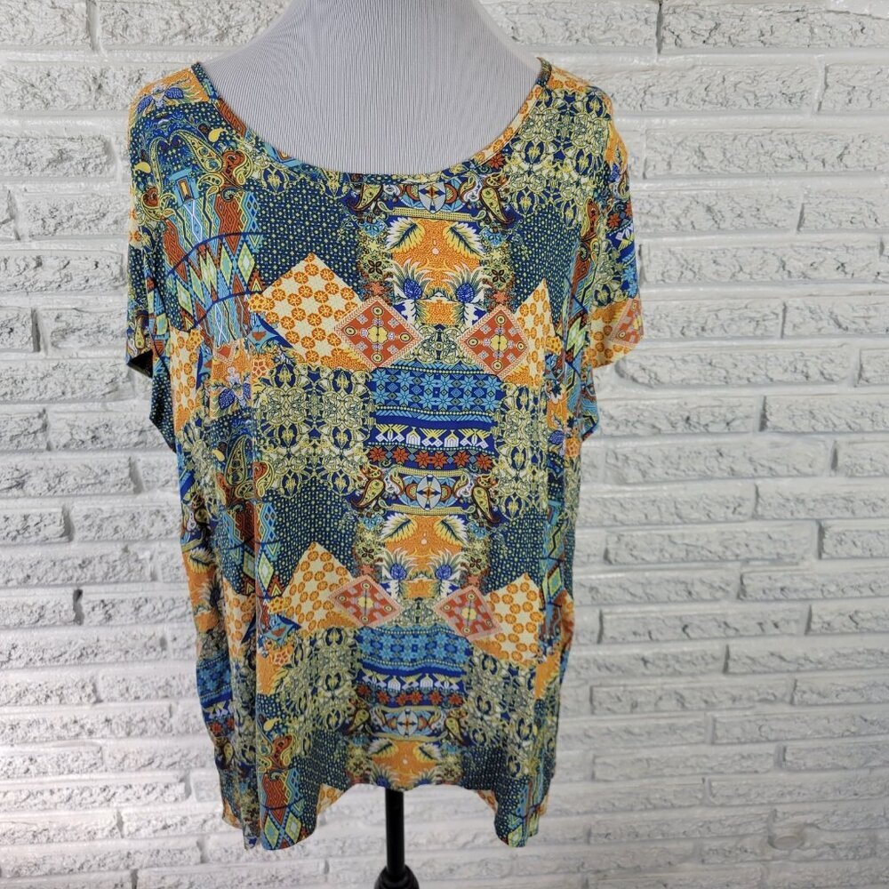 Jones New York Co Women Top 2X Plus Tee Cap Sleeve Blue Paisley PAI30XE